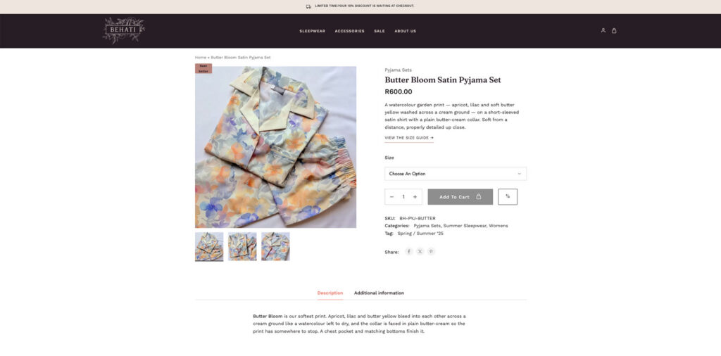 The Butter Bloom product page on the Behati store, showing size selection, the size guide and product details